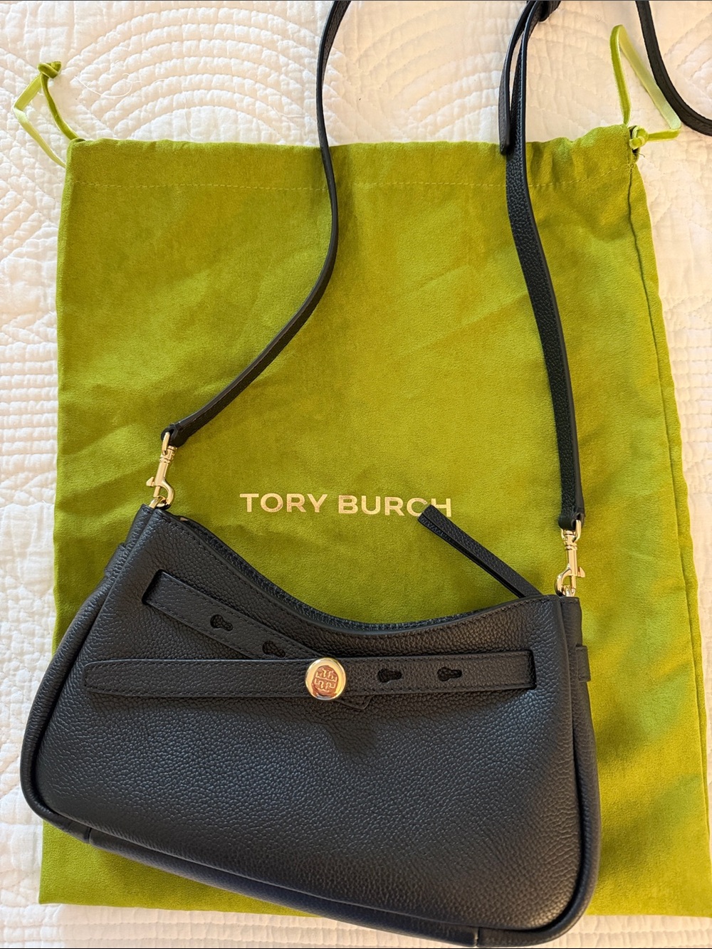 Tory Burch Romy Black Pebbled Leather Saddle Crossbody with Gold Logo
